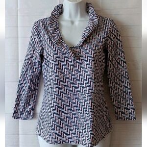 J. McLaughlin Durham Ruffle Neck Red White Blue Print Top